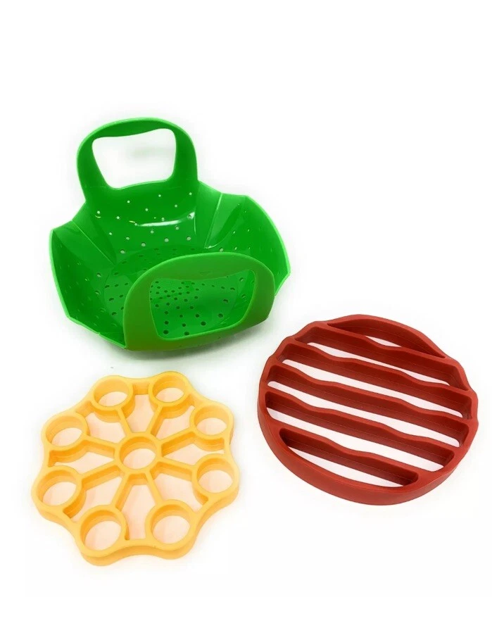 OXO Silicone Pressure Cooker Set – 3 Piece Egg Steamer Basket, Cooking Rack & Rack Handles – Red, Yellow, Green