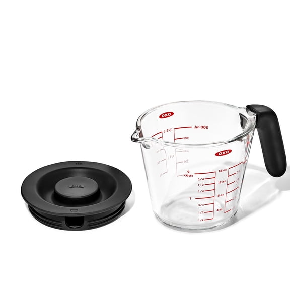 OXO SoftWorks 2-Cup Glass Measuring Cup with Silicone Lid, Borosilicate, BPA-Free, Easy-Read Markings