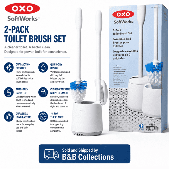 OXO SoftWorks 2-Pack Toilet Brush Set with Auto-Open Canisters, Dual-Action Bristles & Quick-Dry Ventilation, White Bathroom Cleaning Set