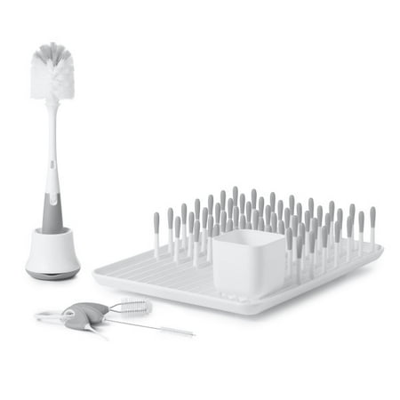 OXO Tot Bottle and Cup Cleaning Set Wide Portable Plastic Baby Bottle, Nipple, Cup, Straw Brush Cleaning Set with Bottle Brush, Straw Brush, Detail Brush, Stand, 13.5", Gray, 3 Piece