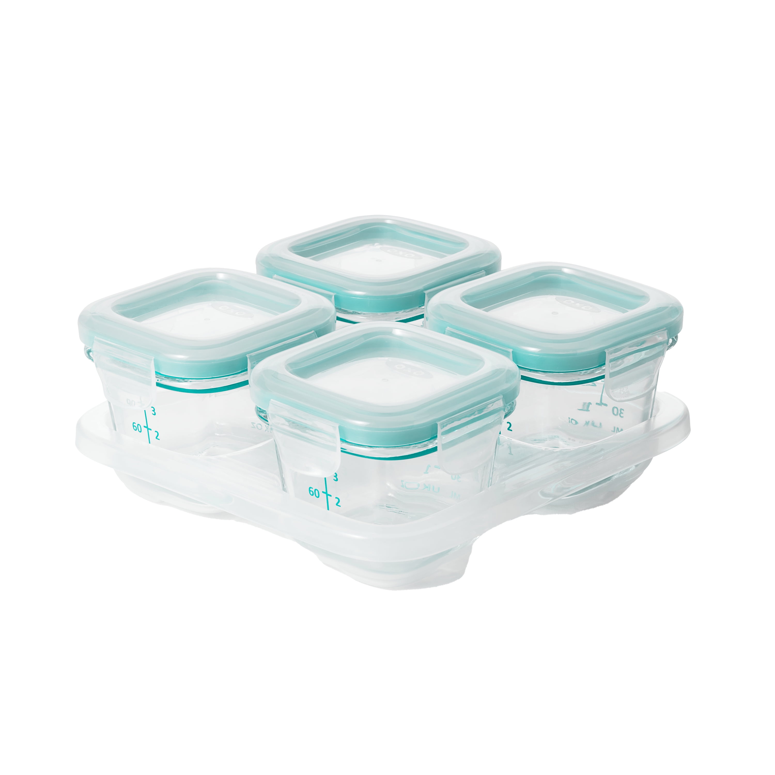 OXO Tot Glass Baby Blocks Food Storage Containers, 4oz, Teal, 4-Pack, For Infants Ages 0-12 Months
