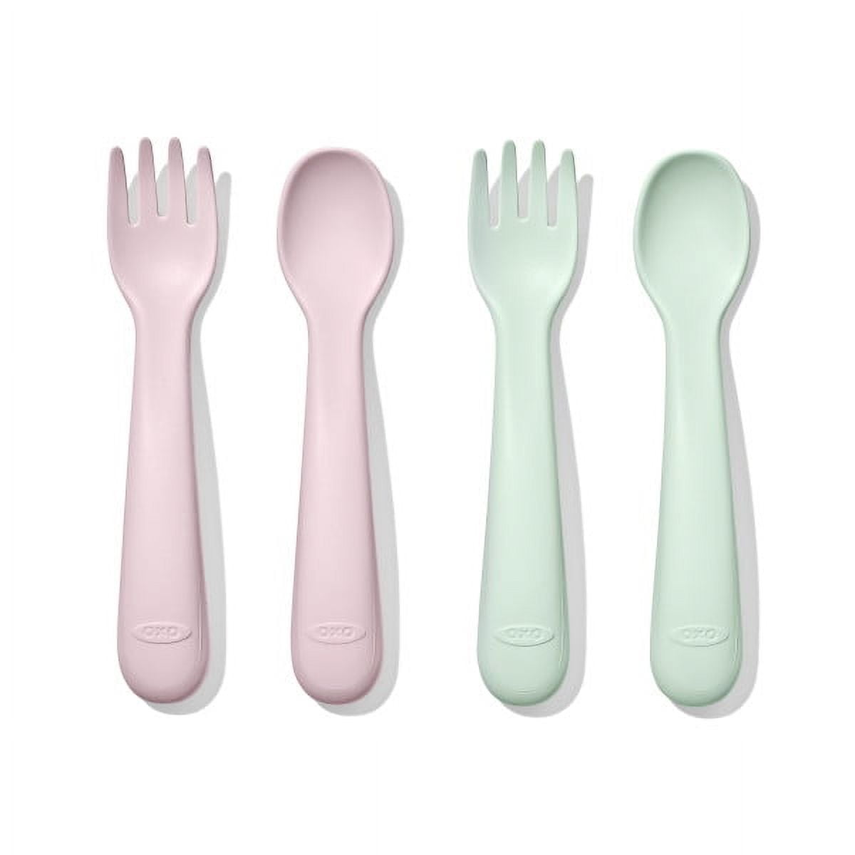 OXO Tot Toddler Plastic Fork and Spoon 4 Piece Set for 12+ Months, Opal and Blossom