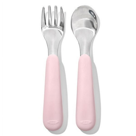OXO Tot Toddler Stainless Steel Fork and Spoon 2 Piece Set for 12+ Months, Blossom