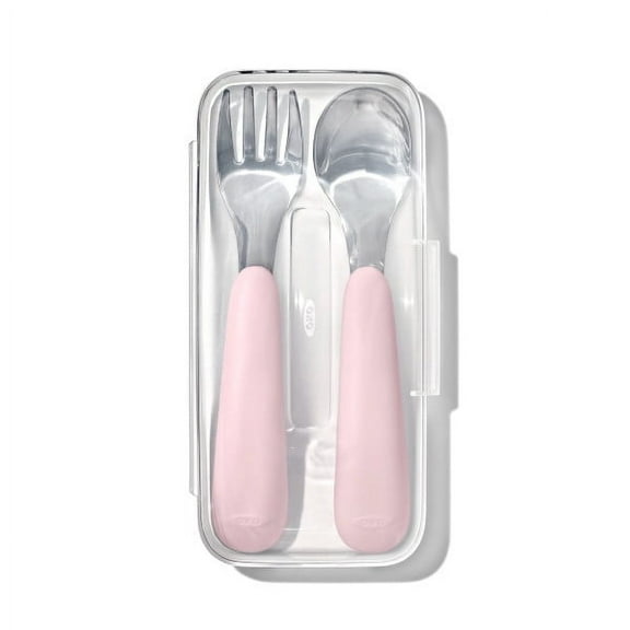 OXO Tot Toddler Travel Stainless Steel Fork and Spoon 2 Piece Set for 12+ Months, Blossom