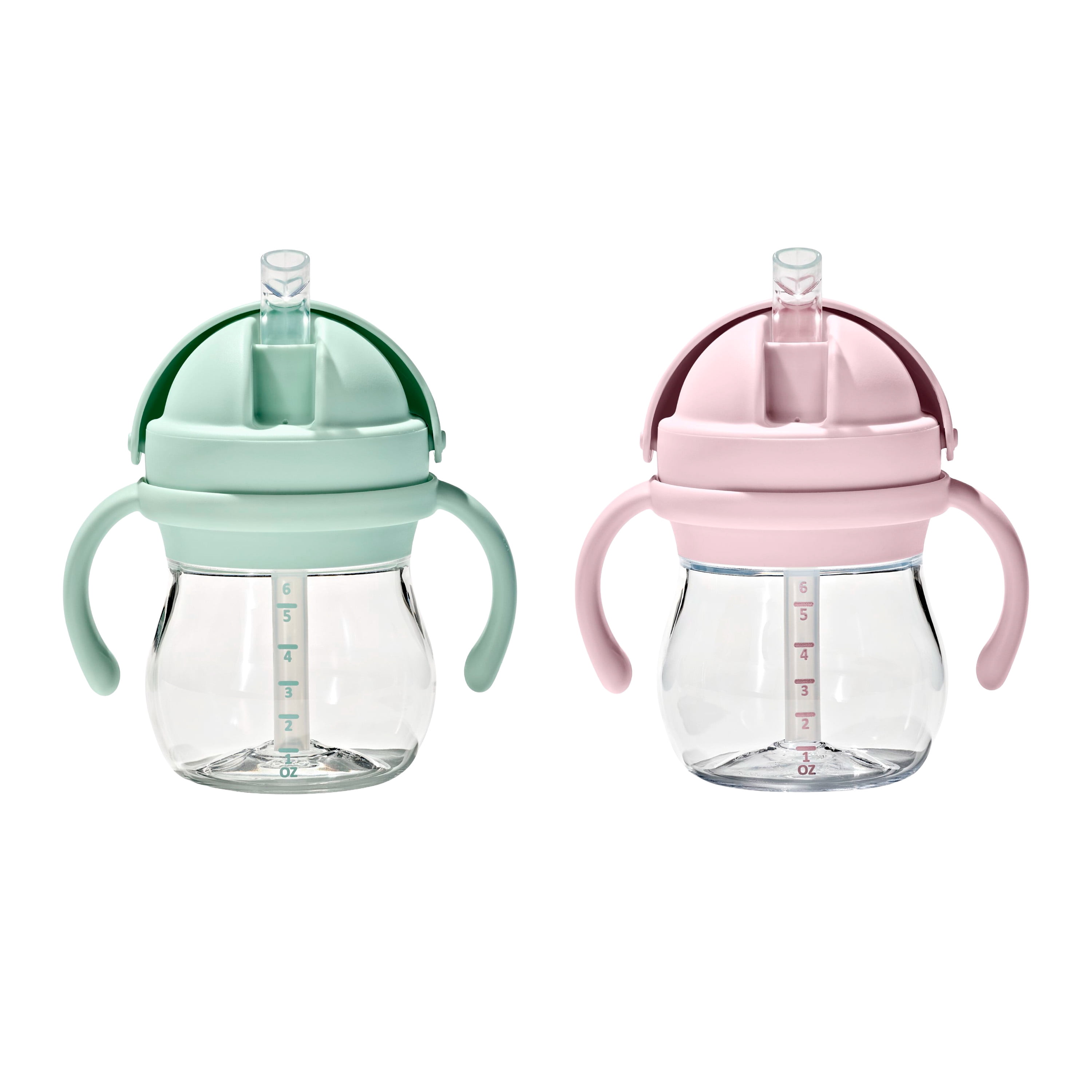 OXO Tot Transitions 6 oz Straw Cup with Removable Handles, 2-Pack, Opal and Blossom, For Toddlers Ages 6 Months and Up