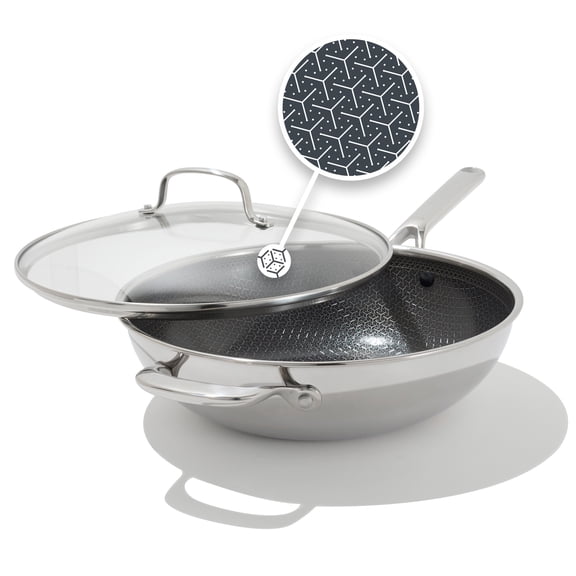 OXO Trident 5 Qt Hybrid Non-Stick Stainless Steel Wok with Lid, Toxin-Free, Dishwasher Safe, Silver