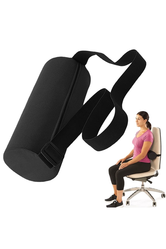 Lumbar Roll Pillow for Lower Back Support, Memory Back Support Cushion with Elastic Strap, Ergonomic Neck Roll Pillow for Chair Car Travel, 11 Inch, Size A, 1Pc, Black