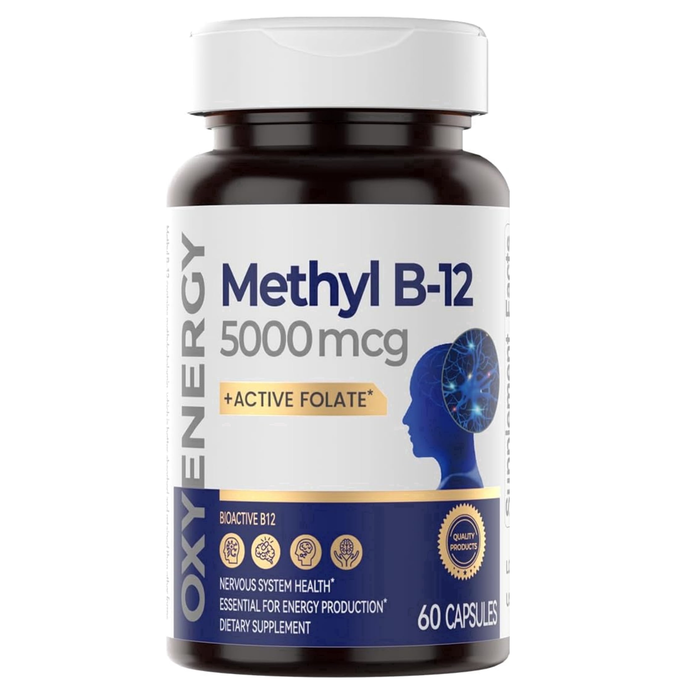 OxyEnergy Methyl Vitamin B12 5000mcg Dietary Supplement with Folate, Nerve & Energy Support, 60 Capsules