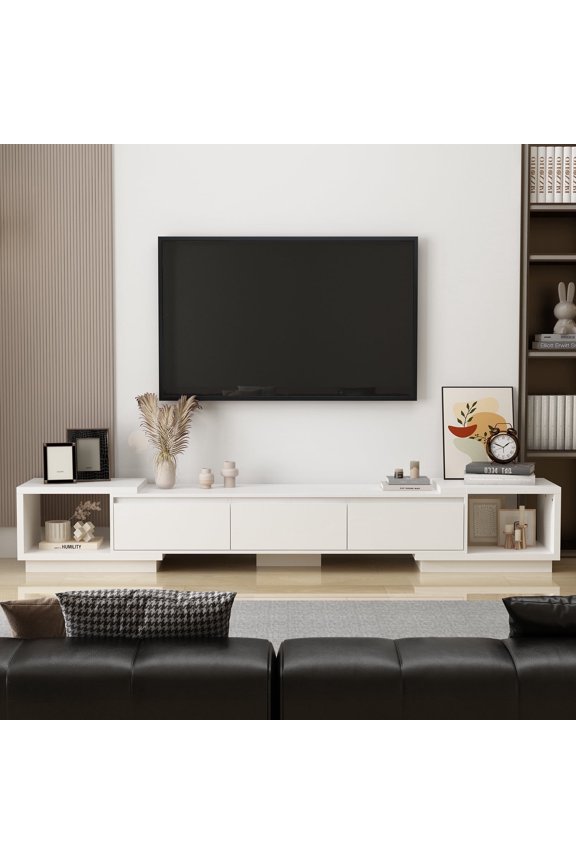 Extended TV Stand with Drawers, Entertainment Center for Living Room, White