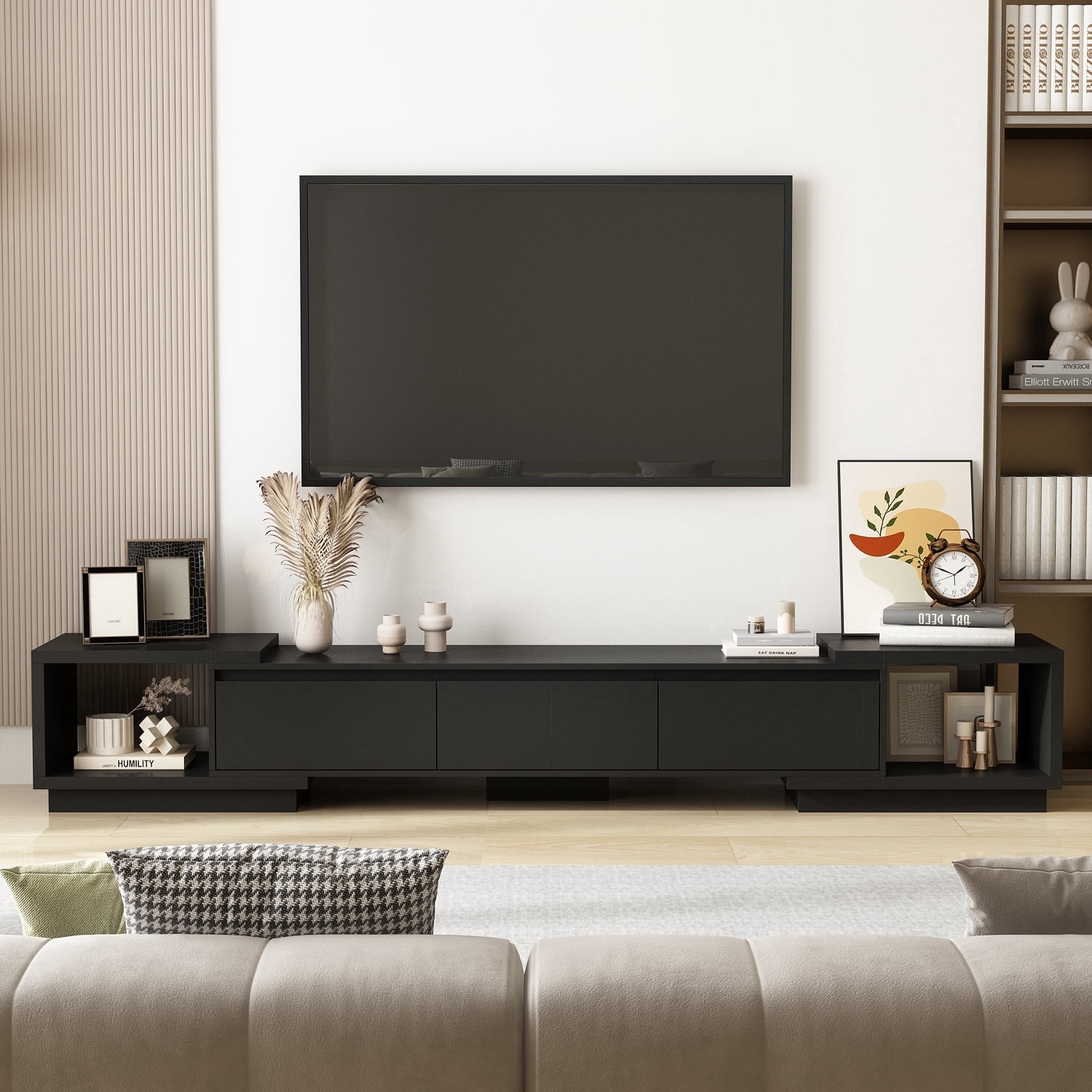 OXYLIFE 106.3 inch Extended TV Stand with Drawers, Entertainment Center for Living Room, Black