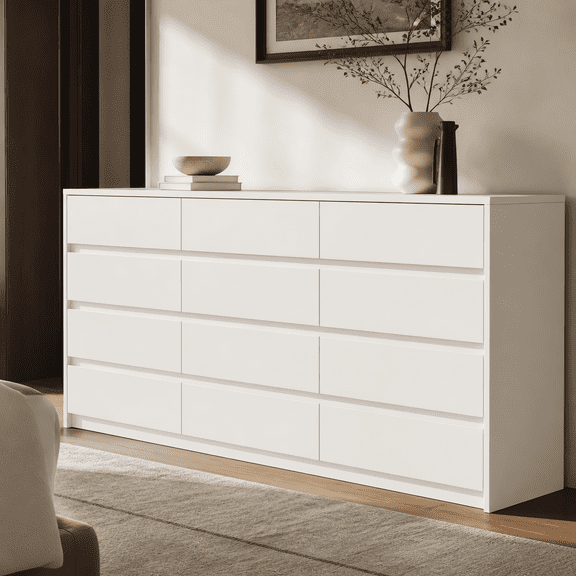 OXYLIFE 12-Drawer Sideboard, 62.99 in W Handle-Free Storage Cabinet with Silent Undermount Slides,White
