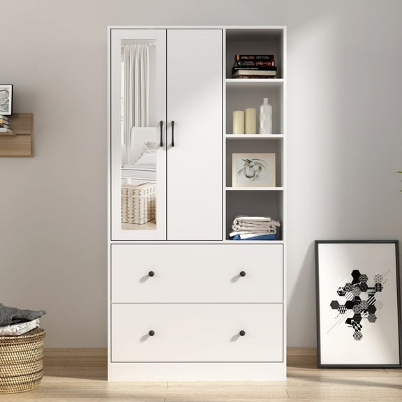 OxyLife 2 Door Wardrobe Armoire, White Closet Storage Organizer with Drawers and Shelves