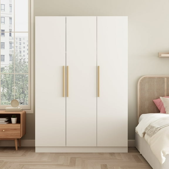 OxyLife 3 Door Wardrobe Armoire with Clothing Rod and Storage Shelves, White, 70"H