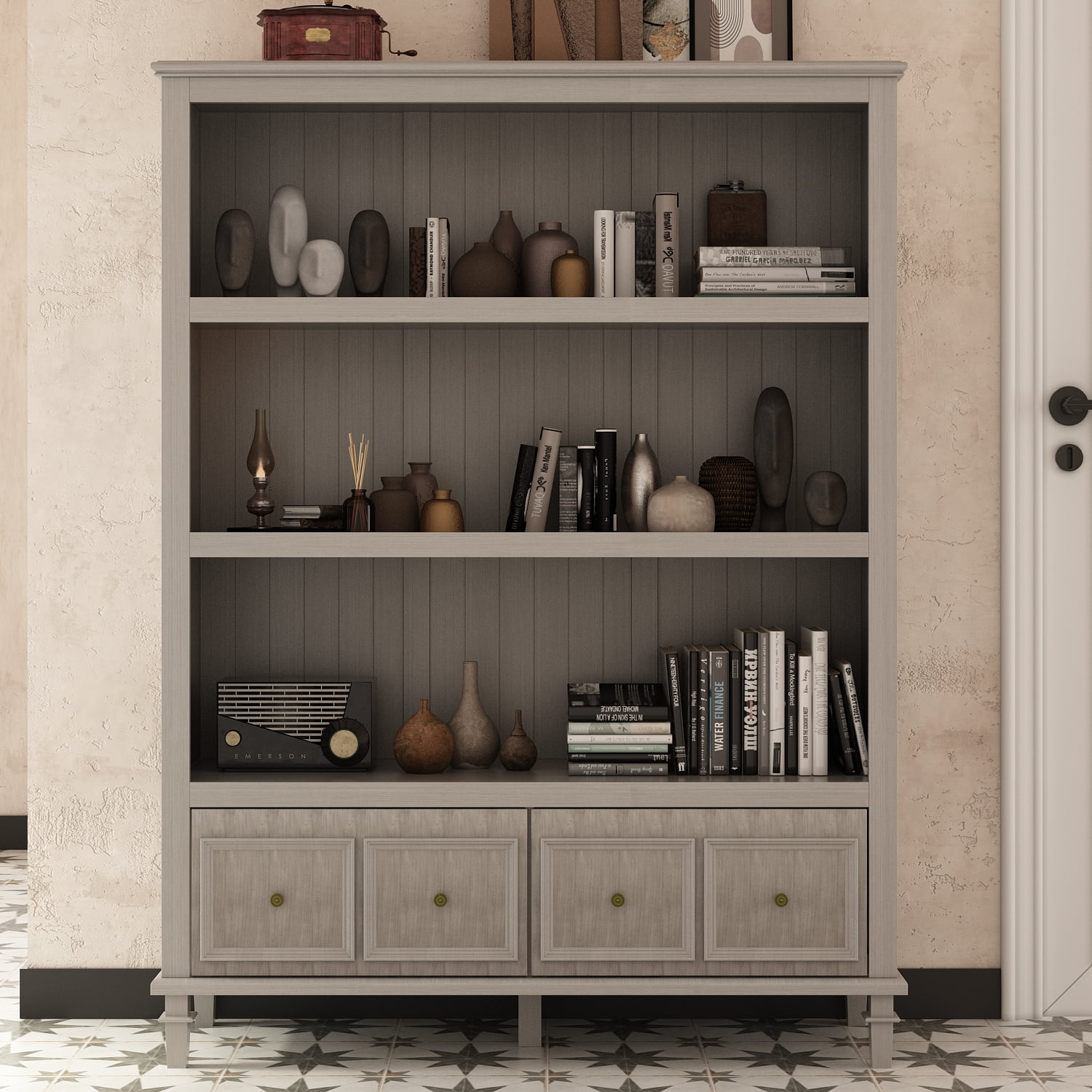 Light Gray MDF 3-Tier Accent Cabinet with Drawers