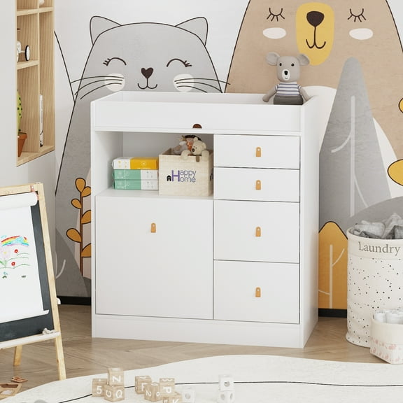 OXYLIFE 33.5" Baby Changing Table Nursery Dresser with 4 Drawers, Shelf and Trash Storage for Nursery Room, White