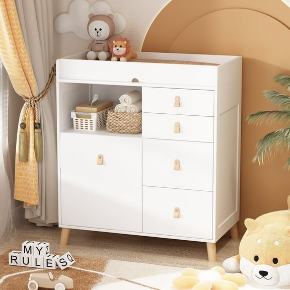 OXYLIFE 33.5" Baby Changing Table Nursery Dresser with 5 Drawers and Raised Feet, Shelf and Trash Can Storage for Nursery Room,White