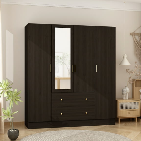 OxyLife 4 Door Wardrobe Armoire, Large Storage Cabinet with Mirror, 2 Drawers and Hanging Rod, White