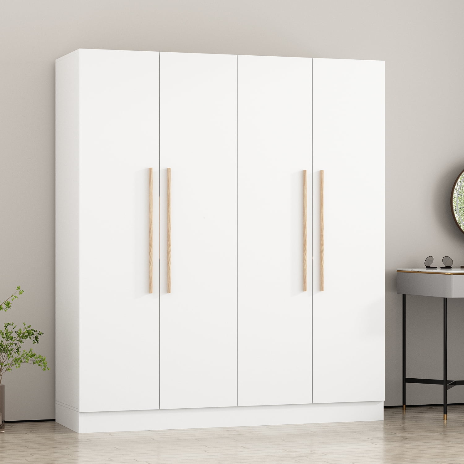 White 4-Door Wardrobe Armoire with Natural Wood Handles