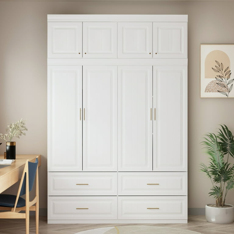 OXYLIFE 4 Door Wardrobe Armoire with Hutch Shelves and Drawers White Closet Storage Cabinet with Clothing Rod for Bedroom 93.3 H