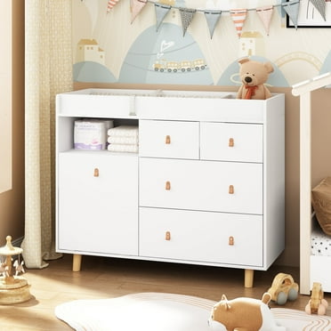 OXYLIFE 45" Baby Nursery Changing Table Dresser with 4 Drawers and Shelf for Nursery Room, White