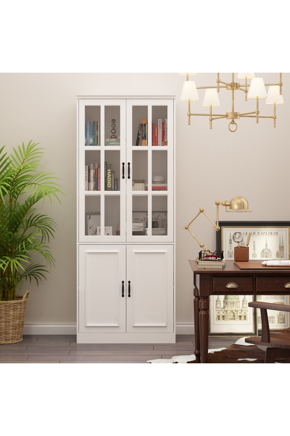 5-Tier Bookcase with Glass Door, 78.7" H Tall Display Storage Cabinet, White