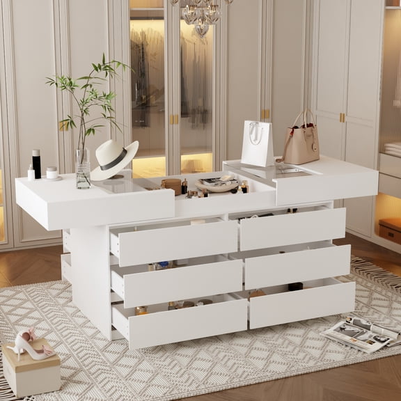 OXYLIFE 63" W Glass Display Cabinet, Walk in Closet Island for Retail, Jewelry Organizers Storage with 12 Drawers & Pull-Open Top, Collectibles Cabinet Showcase for Cloakroom Shop, White