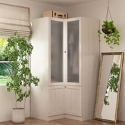 OXYLIFE 70.9 inch Corner L Shaped Clothing Armoire Wardrobe Closet with 2 Frosted Glass Doors, Hanging Rod and Drawers for Bedroom