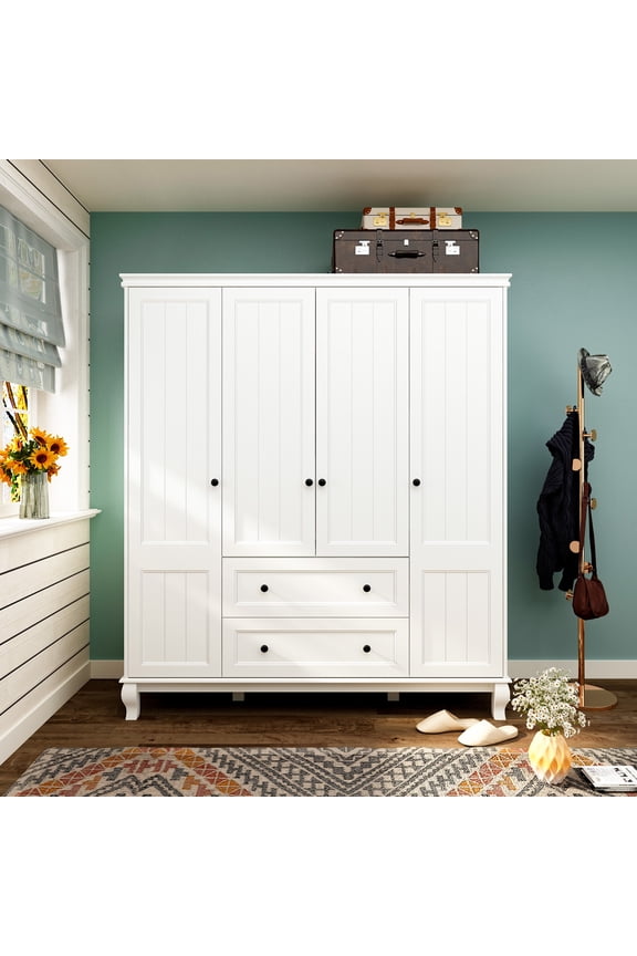71.3" H Wardrobe Storage Cabinet Armorie Closet with Clothes Rail and Drawers for Bedroom, White