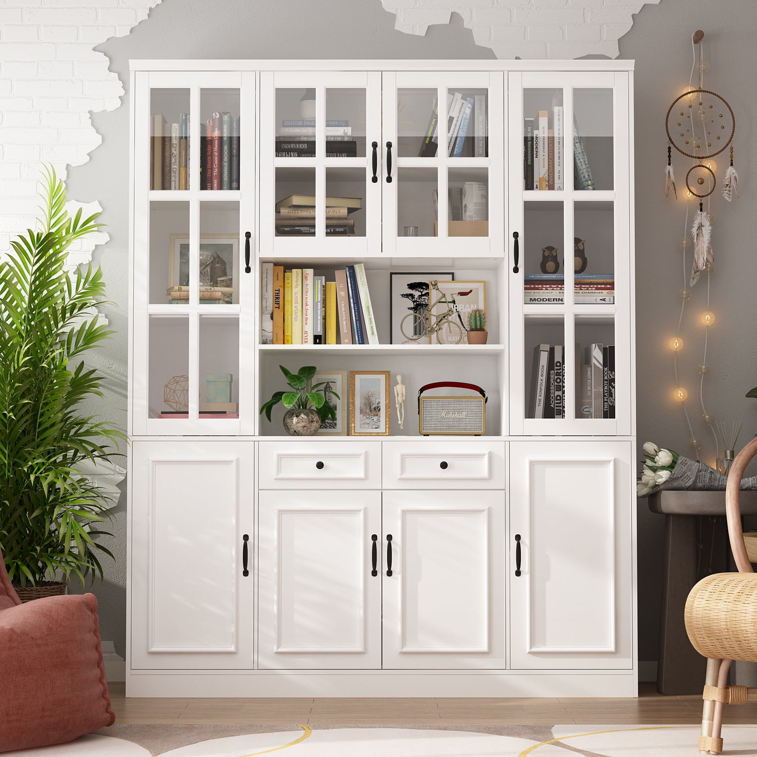 フリーチェスト　BE/BK/WAL/WH OXYLIFE Tall White Bookshelf with Glass Doors and 15 Shelves