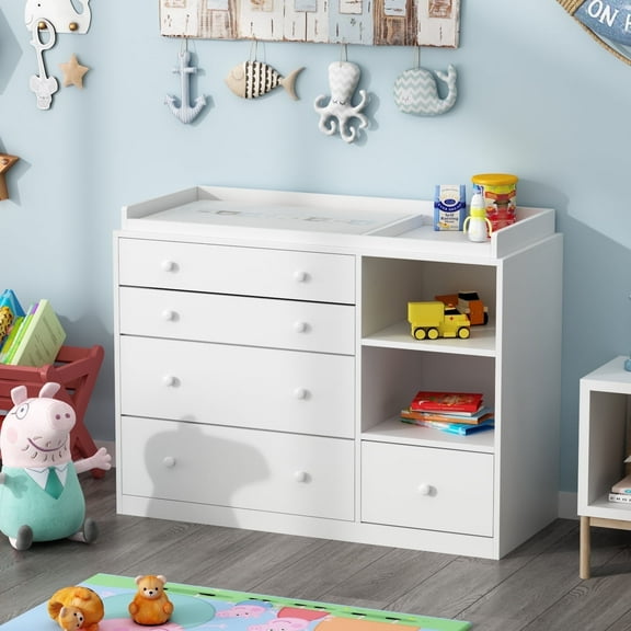 OXYLIFE Baby Changing Table Dresser Nursery Chest with Storage-Infant & Toddler, 5 Drawers, White