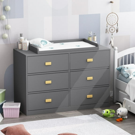 OXYLIFE Baby Nursery Station Changing Table , 6 Drawers Dresser Storage Clothes Organizer Drawer Chest,Gray