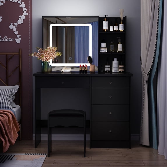 OXYLIFE Black Makeup Vanity Dressing Table with Mirror, 5 Drawers and Shelves (Square Lighted Mirror )