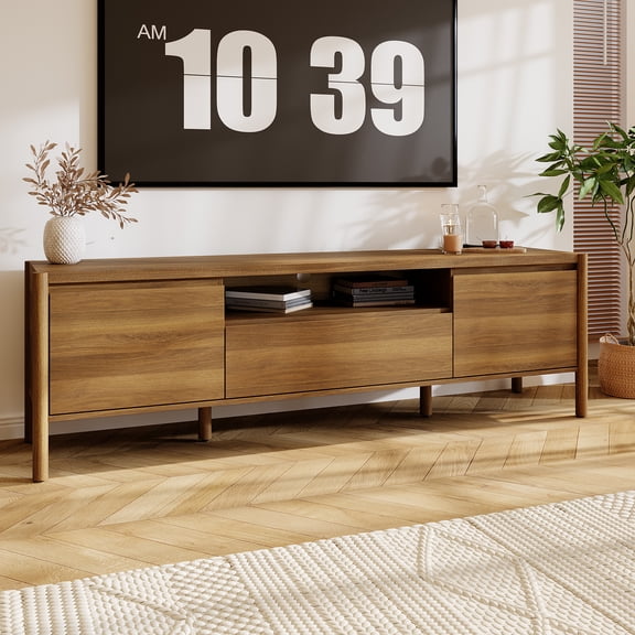 OXYLIFE Farmhouse TV Stand with Flip-Down Door, Entertainment Center Console Table with Open Storage & Rounded Legs, 70.9" Wood Grain Media TV Console Cabinet for Living Room, Brown