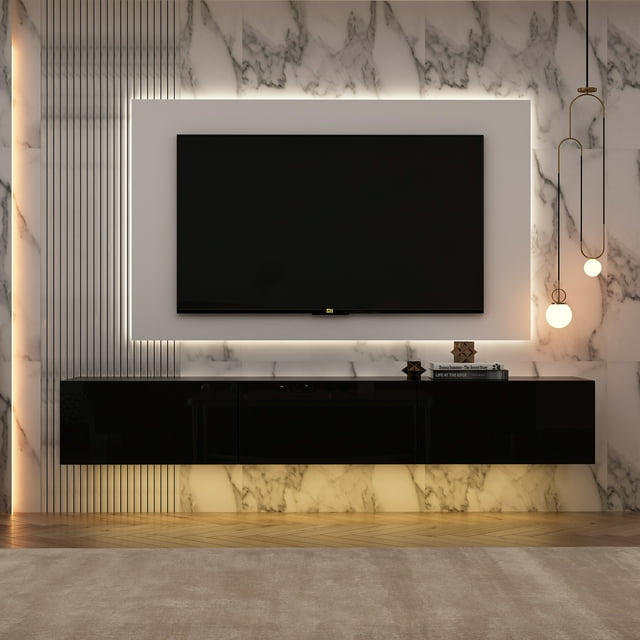 OXYLIFE Floating LED TV Stand Wall Mounted Entertainment Center with Drawers and LED Light, Black