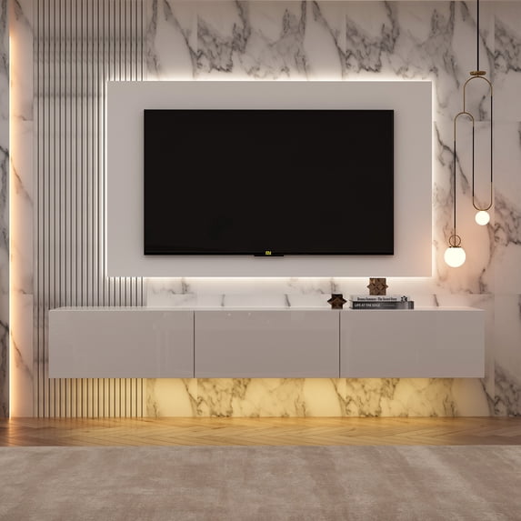 OXYLIFE Floating LED TV Stand with Drawers, Wall Mounted Entertainment Center with Storage and LED Light, White