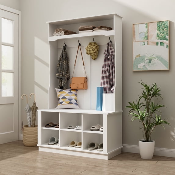 OXYLIFE Hall Tree and Shoe Storage Bench with 6 Cube and 4 Hooks, 39.8" W