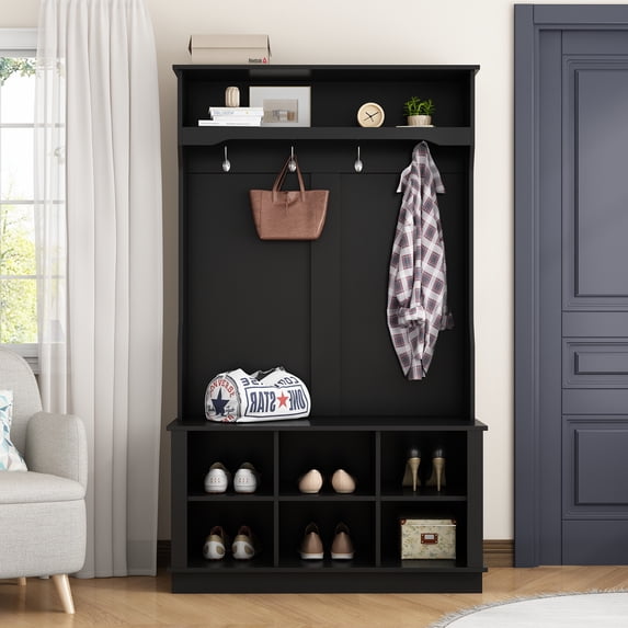 OXYLIFE Hall Tree and Shoe Storage Bench with 6 Cube and 4 Hooks, Black