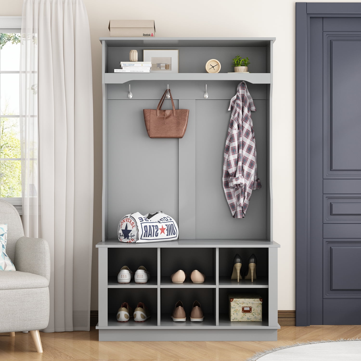 Free Shipping Walker Edison Industrial Hall Tree with Bench and Coat Hooks Grey Wash Walmart Walmart