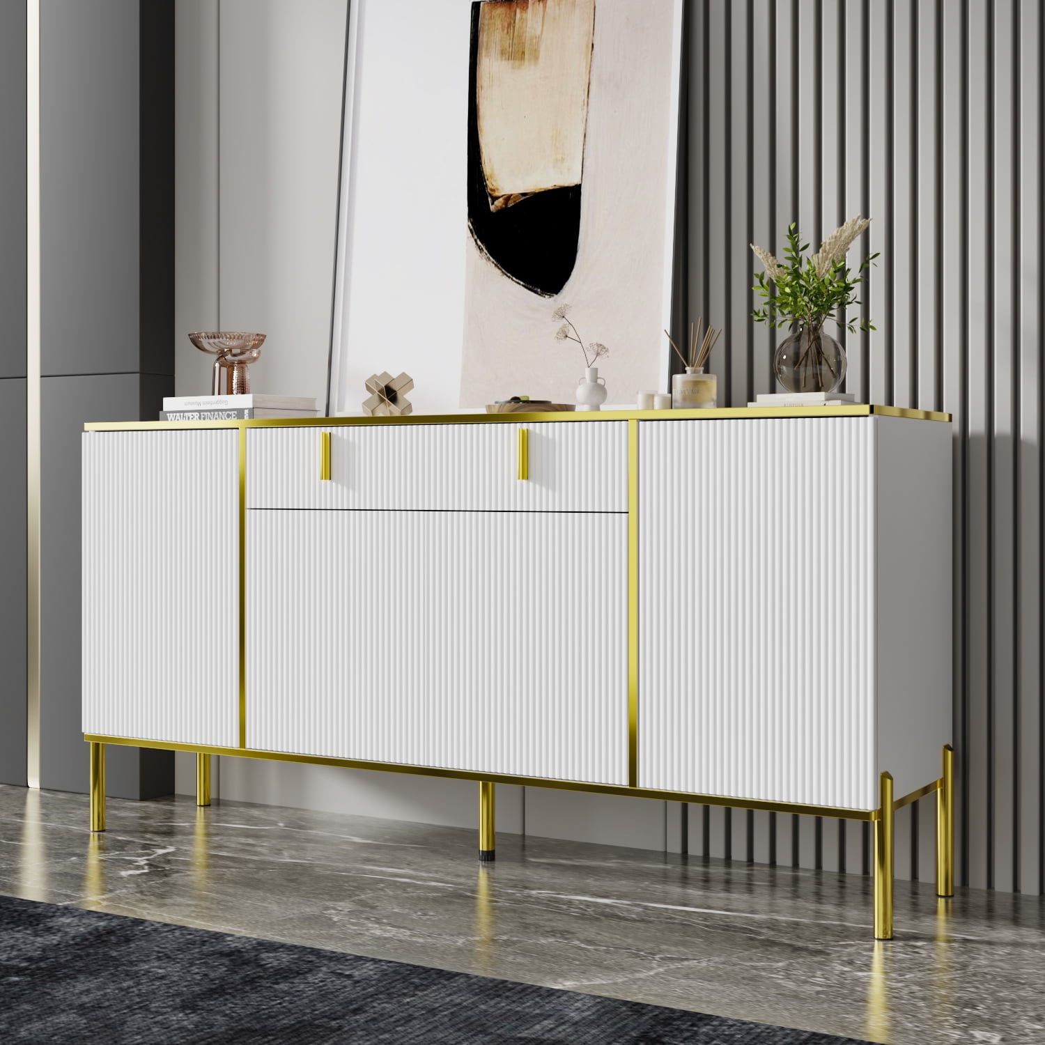 White and Gold 63" Sideboard Buffet Cabinet with Pop-Up Door