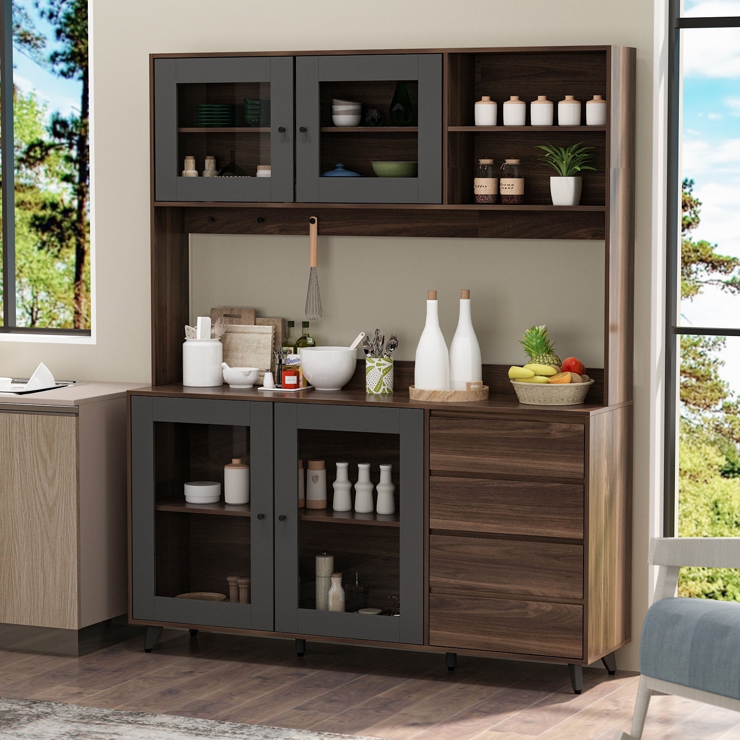 OXYLIFE Large Wooden Kitchen Hutch Sideboard Buffet Pantry Storage Cabinet 74.8 H Walnut Walmart
