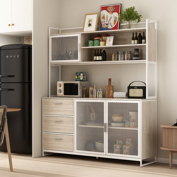 OXYLIFE Kitchen Sideboard Buffet, Metal Mesh Door Pantry Storage Cabinet Oak