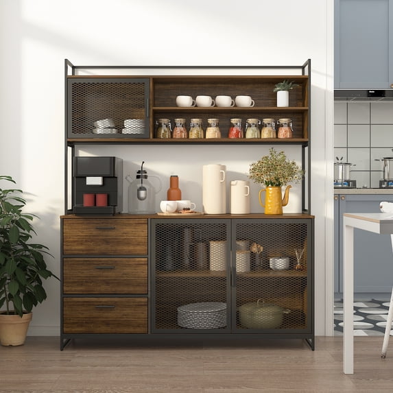 OXYLIFE Kitchen Sideboard Buffet, Metal Mesh Door Pantry Storage Cabinet Walnut