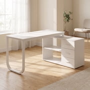 OXYLIFE L-Shaped Computer Desk with Storage Cabinet,Adjustable Width and 3-Drawer Cabinet,White
