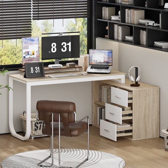 OXYLIFE L-Shaped Home Office Computer Desk Corner Desk with 3 Drawers and 2 Shelves, 55 Inch Large Study Writing Table with Storage Cabinet ,Walnut and White