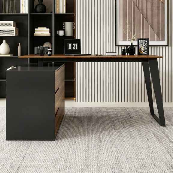 OXYLIFE L Shaped Office Desk with Drawers, 54.3 Inch Corner Computer Table with Storage Shelves, Rustic Reversible Desk Workstation for Home Office