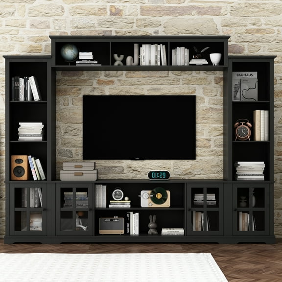 OXYLIFE Large Entertainment Center with Bookcase, TV Media Center Console Table with Open Shelves and Glass Door, Black