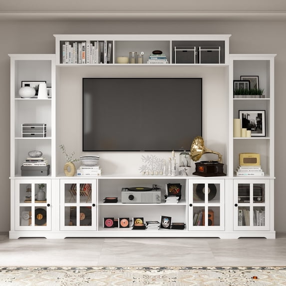 OxyLife Large White Entertainment Center with Bookcase, TV Media Console Table, Open Shelves, Glass Door