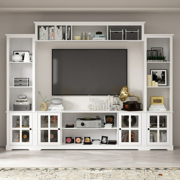 OXYLIFE Large Entertainment Center with Bookcase, TV Media Center Console Table with Open Shelves and Glass Door, White