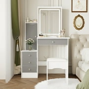OXYLIFE Makeup Vanity Desk Table with Sliding LED Lighted Mirror, Cushion Stool, 4 Drawers and Shelves, White+Gray