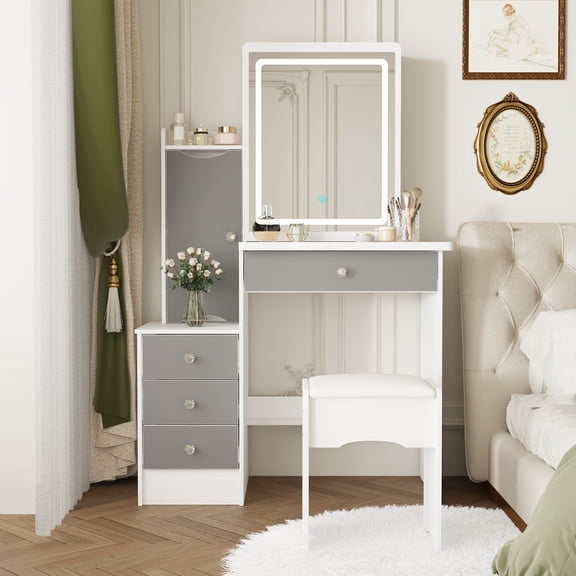 OXYLIFE Makeup Vanity Desk Table with Sliding LED Lighted Mirror, Cushion Stool, 4 Drawers and Shelves, White+Gray